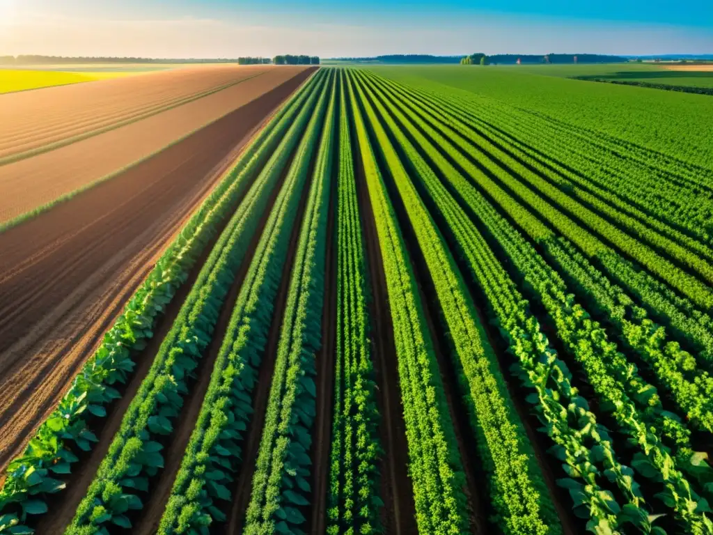 Un campo de cultivo bañado por cálida luz solar, con surcos perfectamente alineados y tecnología integrada