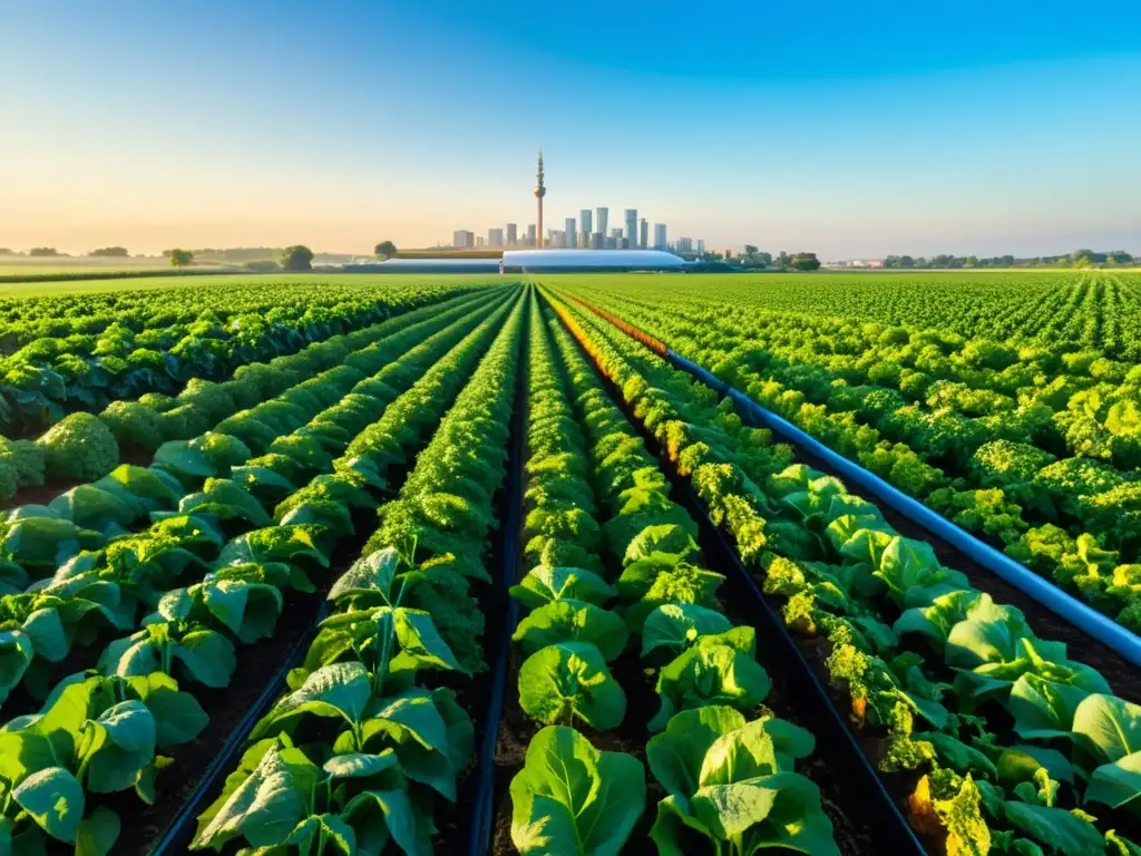 Un campo de cultivo exuberante bañado por la luz dorada del sol, con filas de vegetales plantados meticulosamente