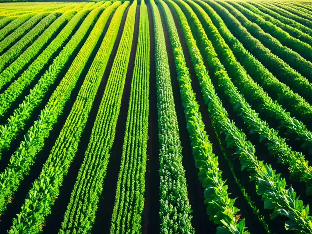 Un campo de cultivo exuberante y detallado con filas de cosechas que se extienden hacia el horizonte