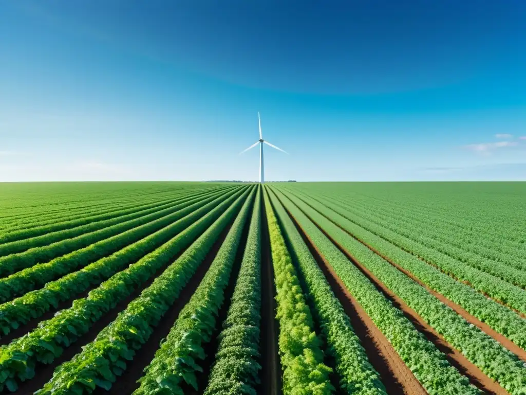 Un campo de cultivo exuberante y vibrante se extiende hasta el horizonte, con hileras de cultivos perfectamente alineados