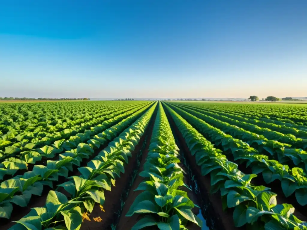 Un campo de cultivos exuberante se extiende bajo un cielo azul