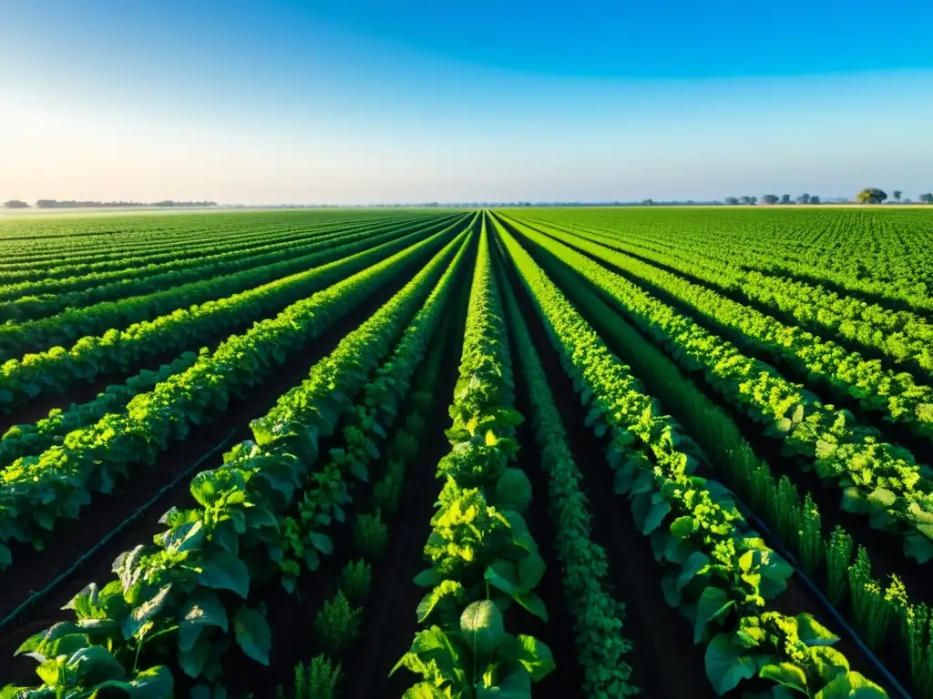 Un campo de cultivos exuberante se extiende hasta el horizonte, bañado por el sol de la mañana