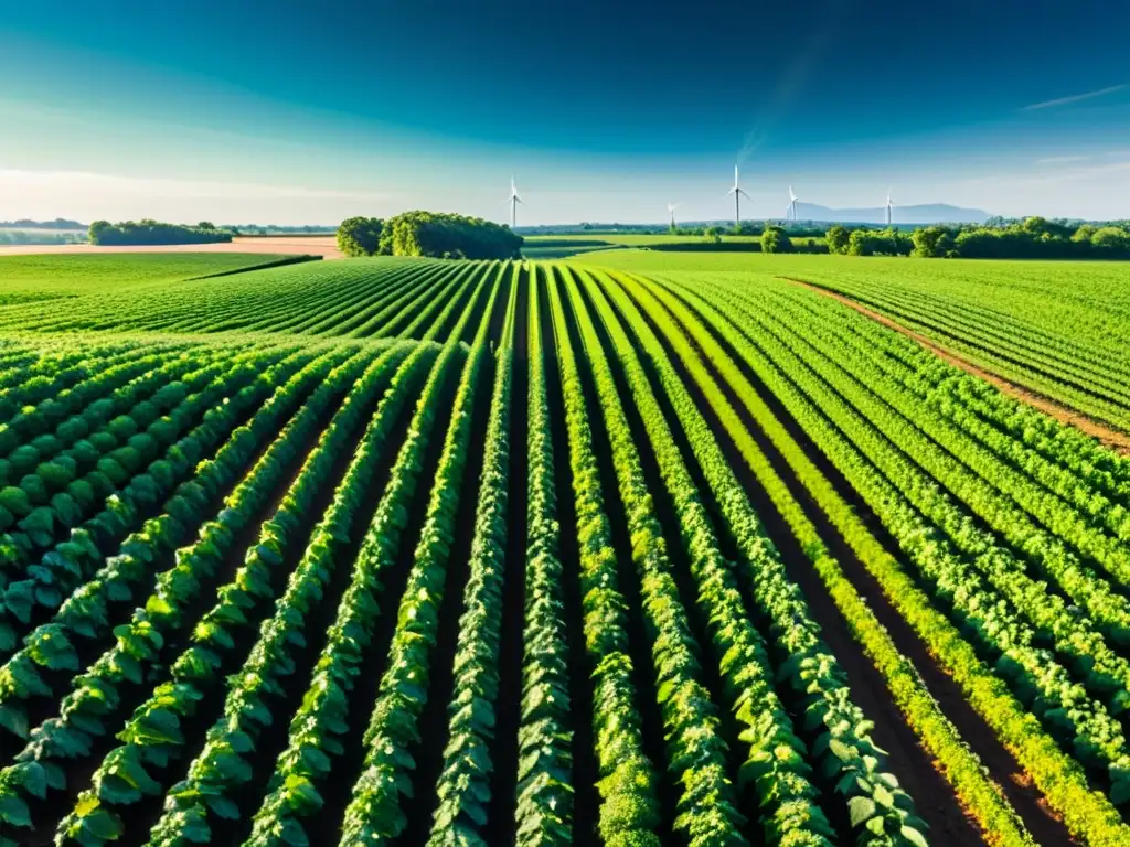 Un campo de cultivos exuberante y vibrante se extiende hasta el horizonte, con hileras ordenadas de vegetales y frutas