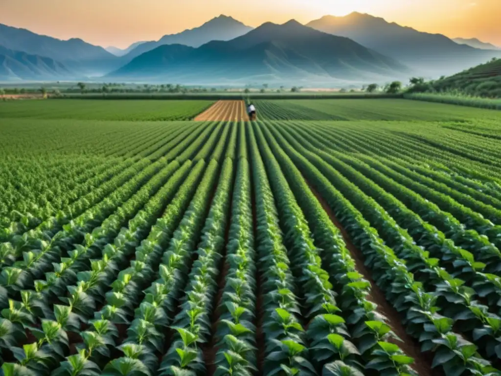 Un campo de cultivos se extiende hacia el horizonte, iluminado por el cálido resplandor dorado del sol poniente