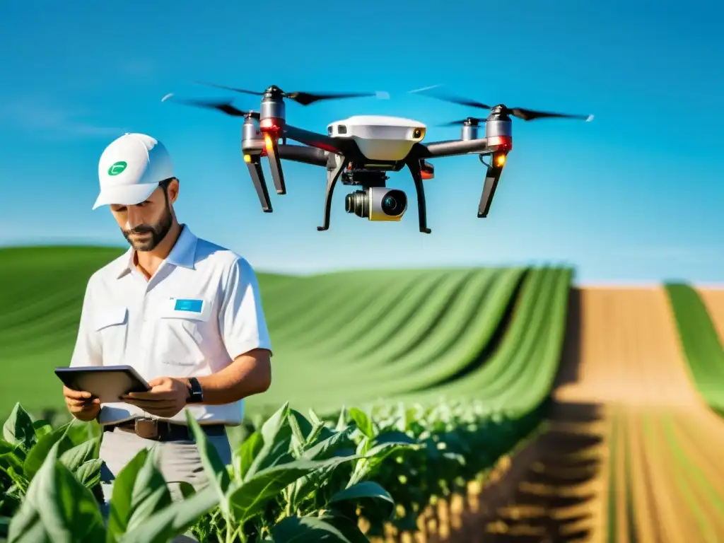 Campo de cultivos verde exuberante con drone de agricultura de precisión escaneando plantas, demostrando la aplicación de IA en agricultura sostenible