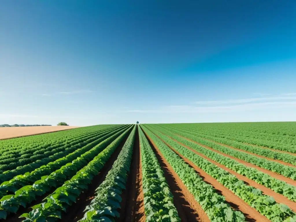 Un campo de cultivos verde exuberante se extiende hasta el horizonte, bajo un cielo azul claro, con el sol creando largas sombras