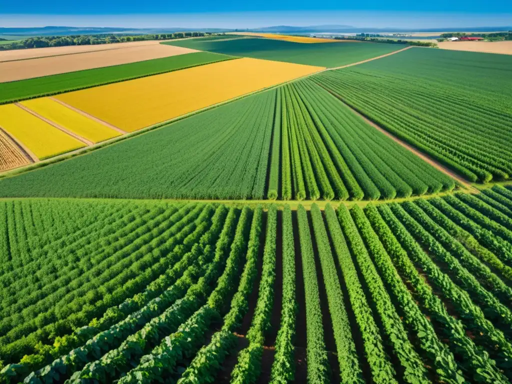 Un campo de cultivos verde y exuberante bajo un cielo azul claro, con el sol proyectando una cálida luz dorada sobre el paisaje