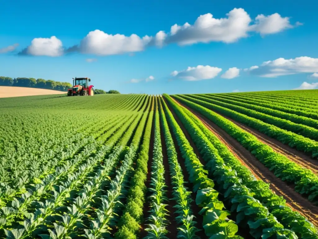 Un campo de cultivos verdes se extiende hasta el horizonte bajo un cielo azul claro