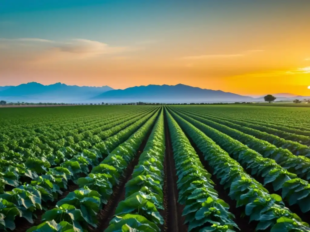 Un campo de cultivos verdes se extiende hasta el horizonte, con el sol poniéndose detrás de montañas lejanas