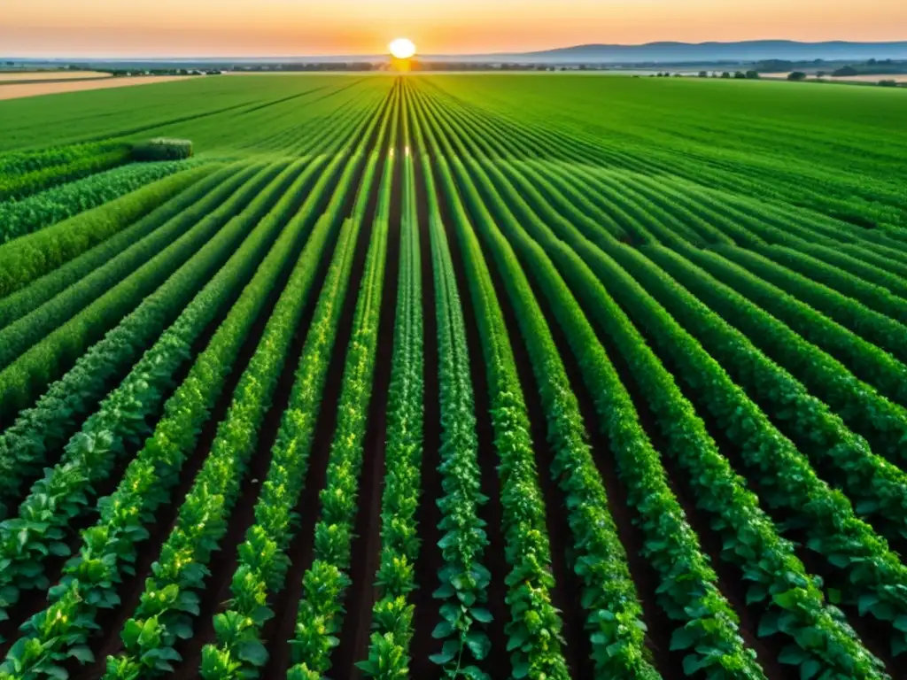 Campo de cultivos verdes con monitoreo avanzado, drones y sensores optimizando procesos agrícolas al atardecer