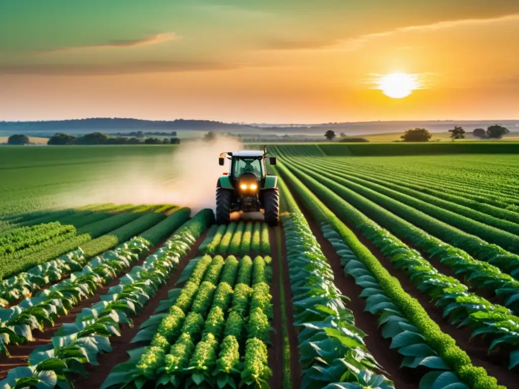 Campo de cultivos verdes con tractor de agricultura inteligente y tecnología de IA, bajo el cálido atardecer