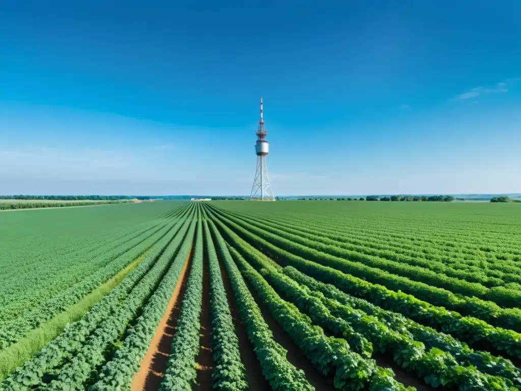 Campo agrícola expansivo con una torre 5G, integrando tecnología en entornos tradicionales