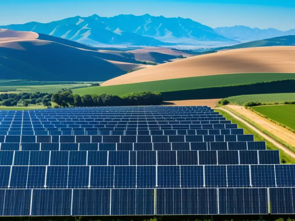 Un campo extenso y bañado por el sol de paneles solares se extiende hacia el horizonte, sus superficies brillantes reflejan el vibrante cielo azul