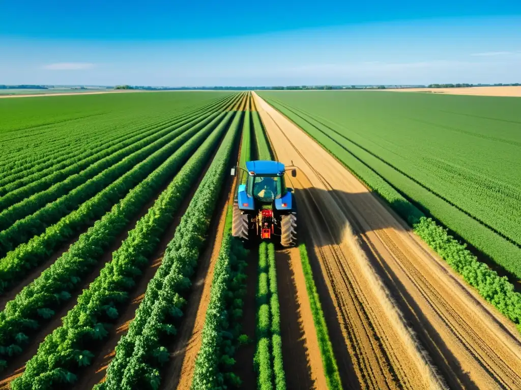 Un campo agrícola extenso bañado por el sol, con cultivos verdes y un tractor 5G autónomo