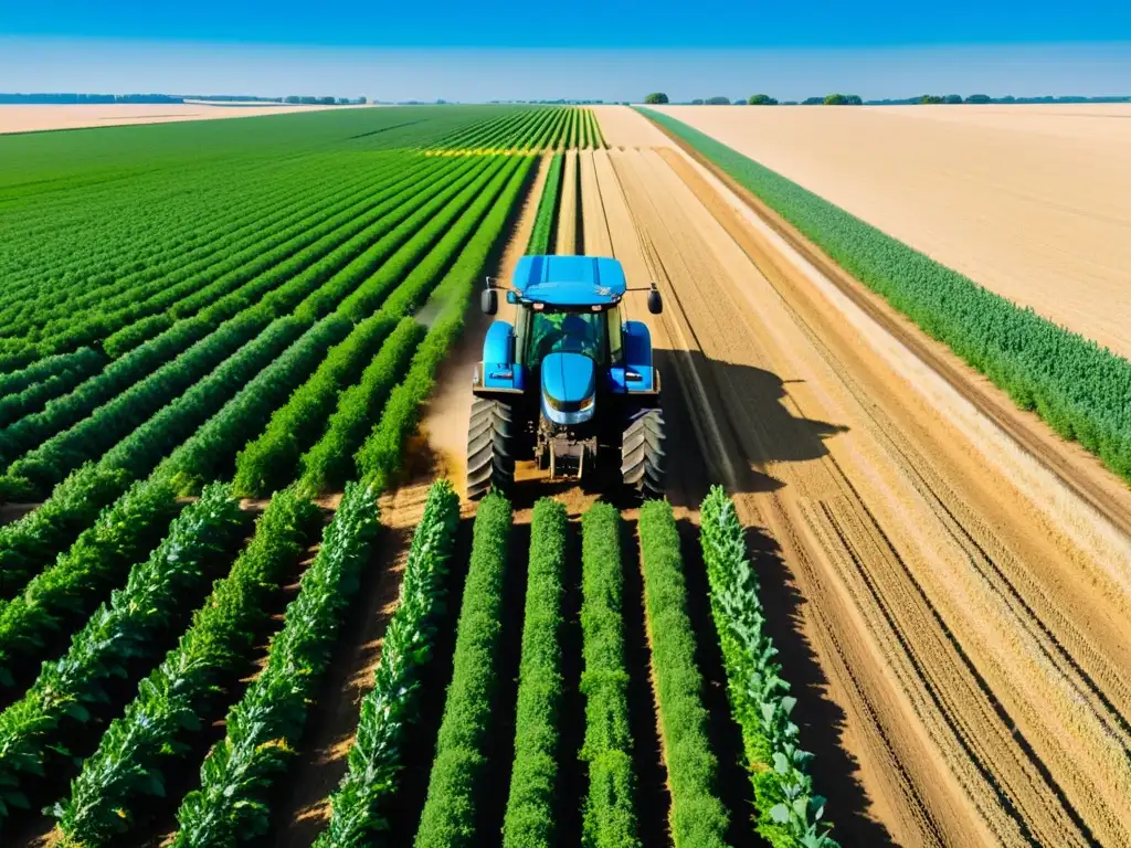 Campo extenso bañado por el sol, cultivos verdes hasta el horizonte