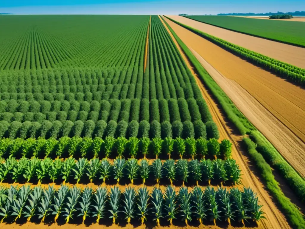 Un campo extenso bañado por el sol con cultivos alineados