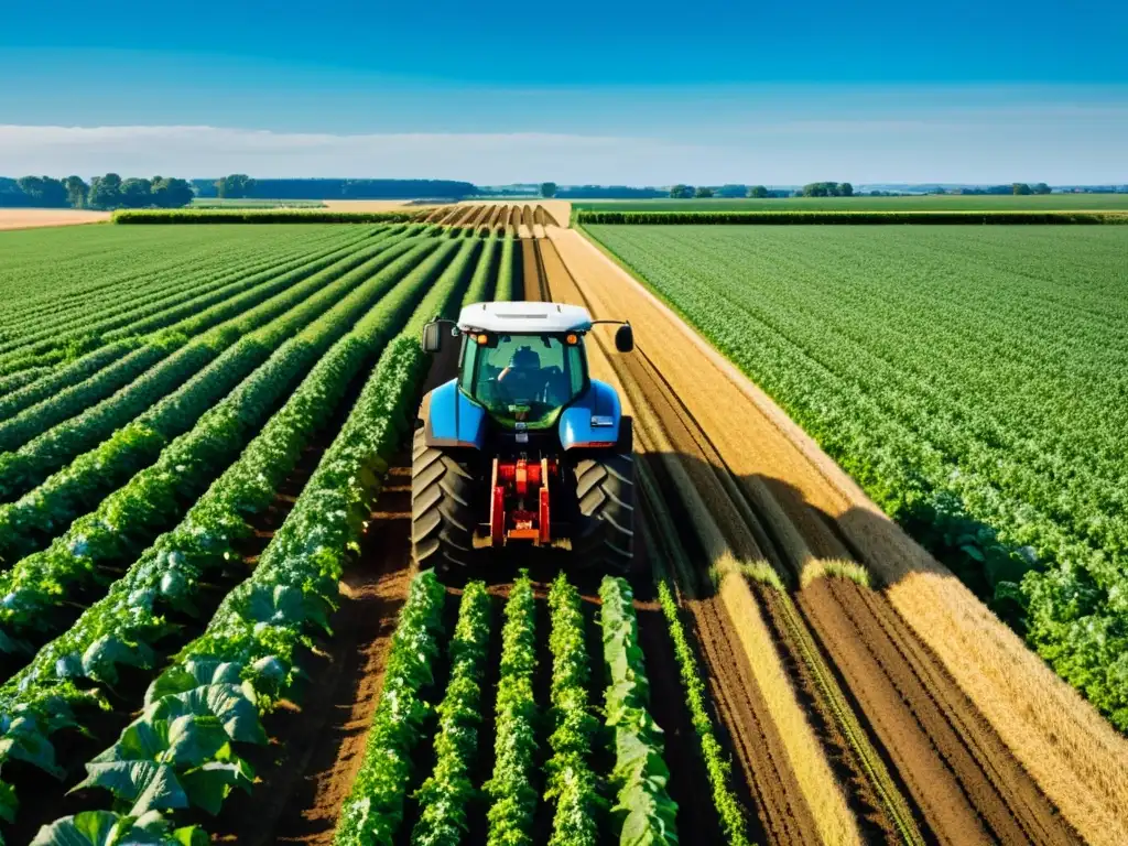 Un campo extenso y exuberante se extiende hasta el horizonte bajo un cielo azul claro, con un moderno y elegante tractor moviéndose entre las hileras