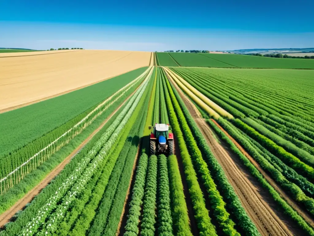 Un campo agrícola extenso y exuberante se extiende hasta el horizonte, con cultivos vibrantes y saludables que se pierden de vista