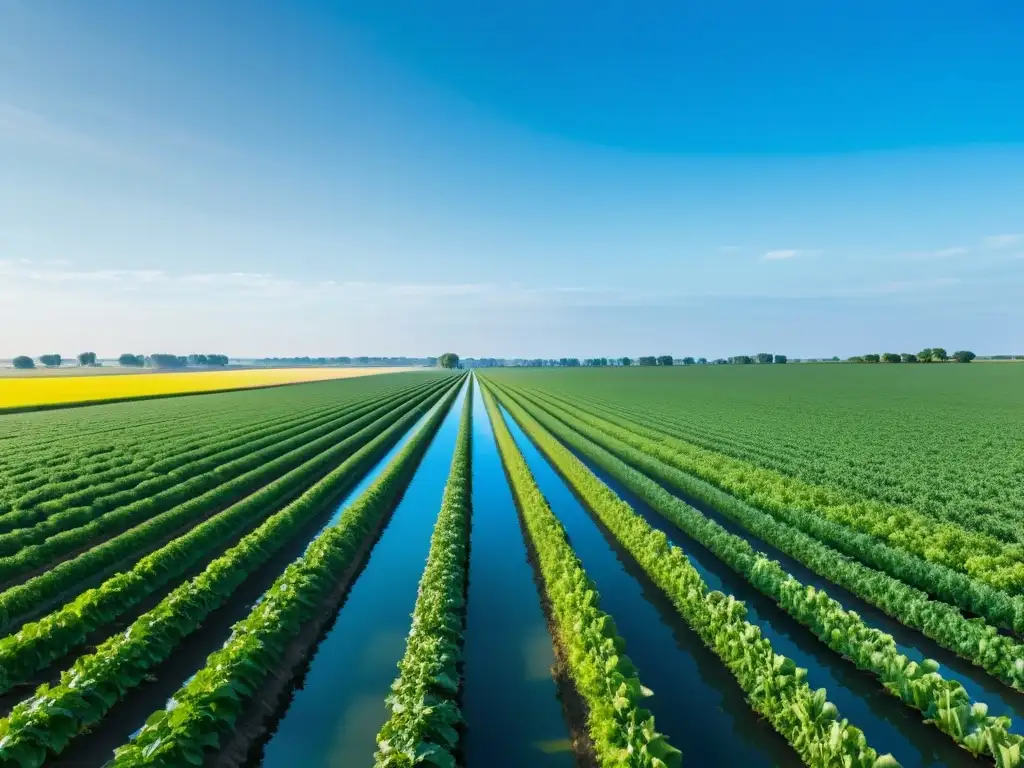 Campo agrícola extenso y soleado con cultivos verdes simétricos, cielo azul reflejado en un lago tranquilo, ícono de blockchain