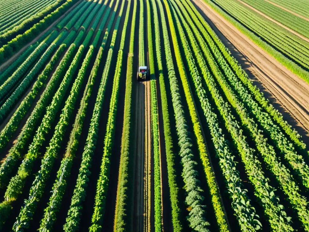 Un campo agrícola exuberante con cultivos en hileras, bañado por la luz del sol y una tractor moderno