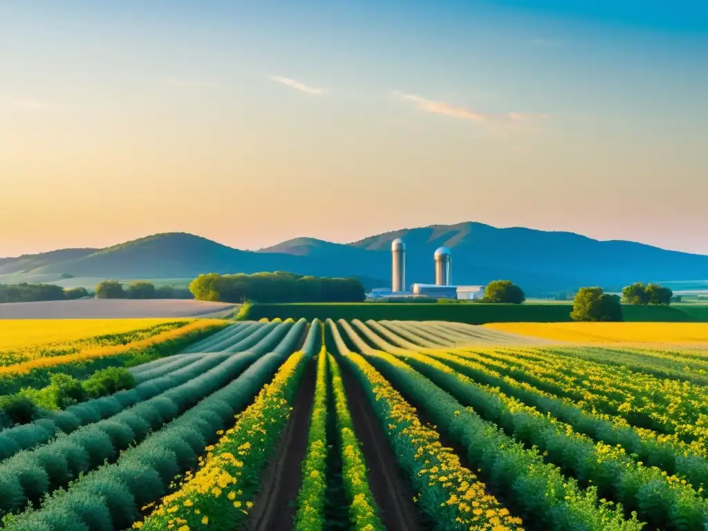 Un campo exuberante de cultivos orgánicos se extiende hasta el horizonte bajo un cielo azul claro, bañado por el cálido resplandor dorado del sol