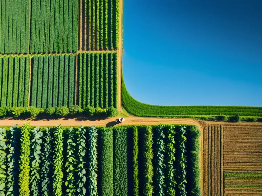 Un campo exuberante con filas de cultivos, bañado por el sol