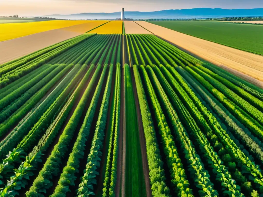 Un campo agrícola exuberante se extiende hasta el horizonte, con cultivos vibrantes en patrones simétricos