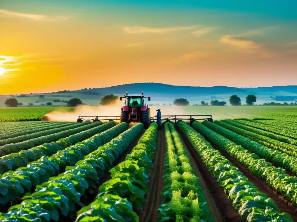 Un campo agrícola exuberante se extiende hacia el horizonte, con cultivos vibrantes y un agricultor inspeccionando las plantas