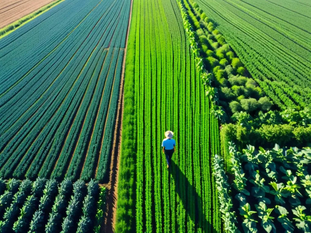 Un campo agrícola exuberante se extiende hasta el horizonte, con hileras de cultivos y un cielo azul