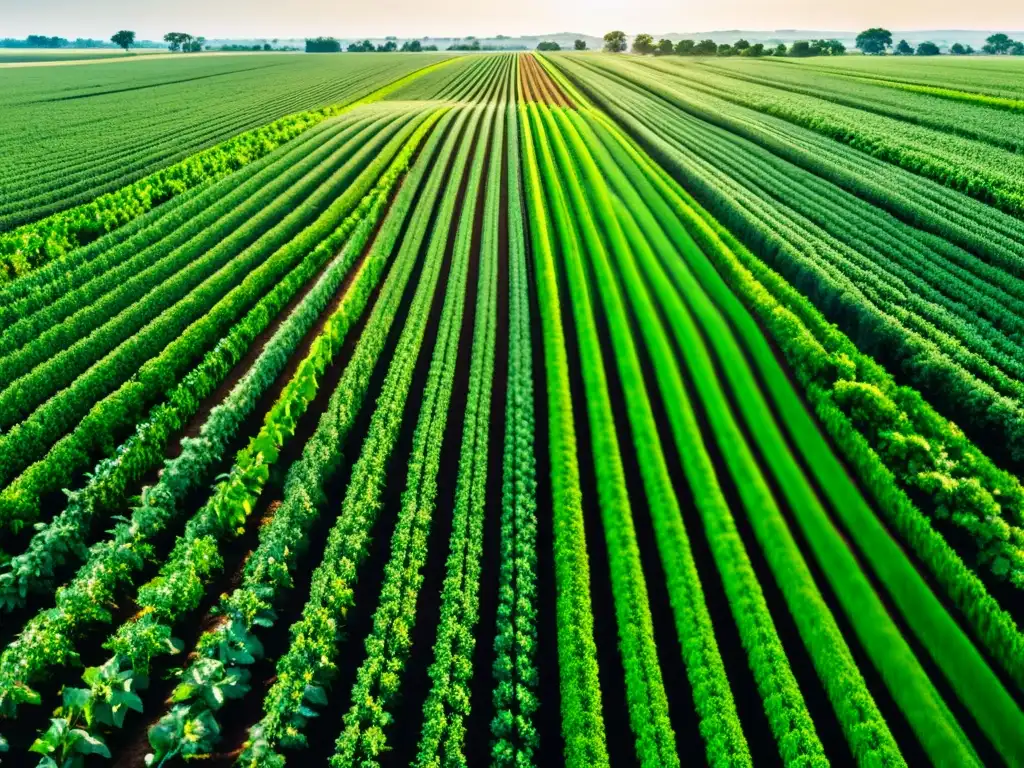 Un campo agrícola exuberante y moderno, con cultivos perfectamente alineados, bañado por la luz solar