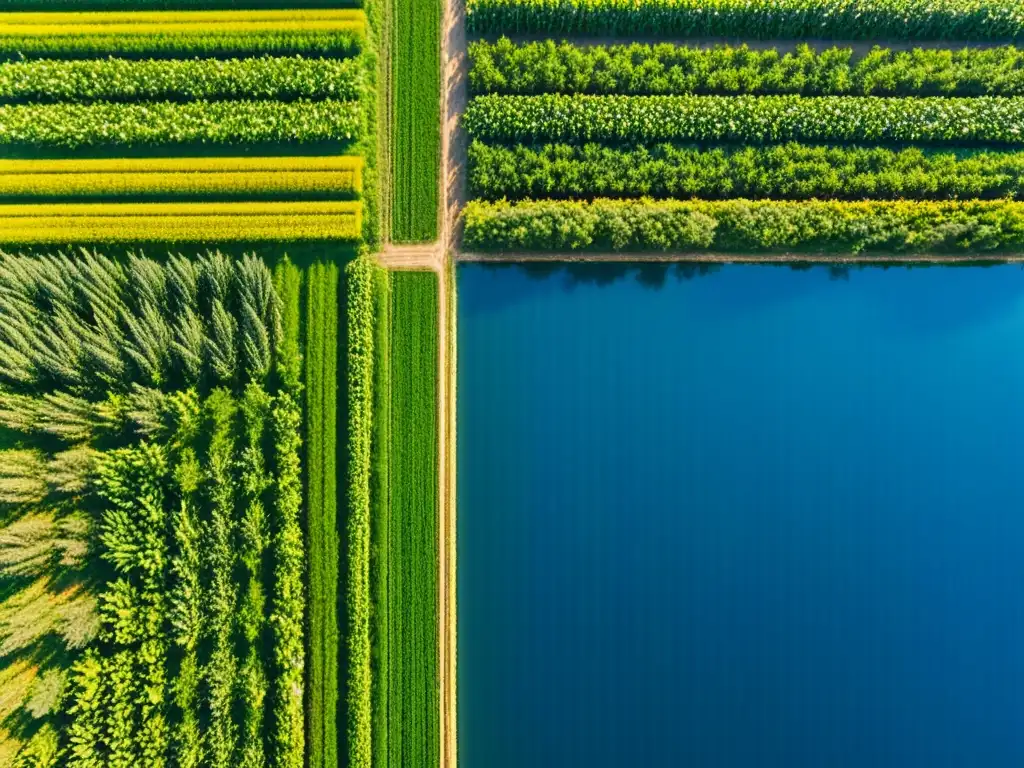 Un campo agrícola exuberante y ordenado se extiende hasta el horizonte bajo un cielo azul claro