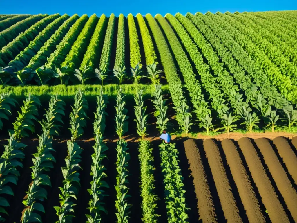 Un campo agrícola exuberante y productivo bajo el cielo azul