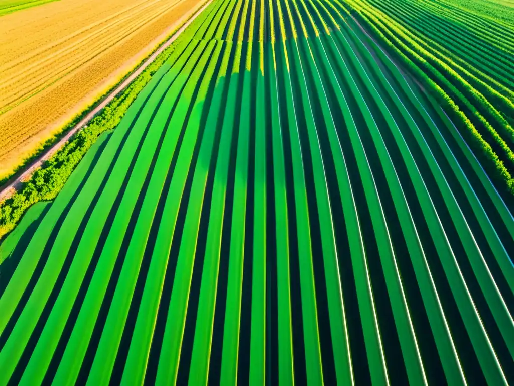 Un campo agrícola exuberante y vibrante con cultivos perfectamente alineados, bañado por la luz dorada del sol