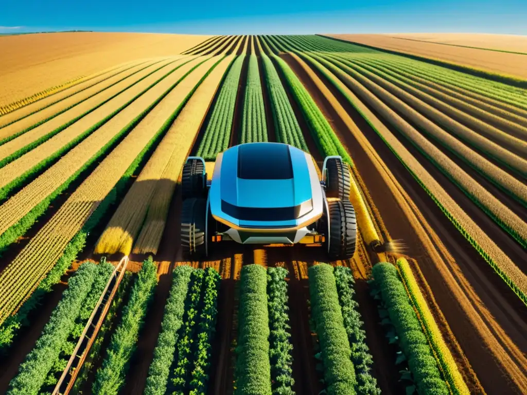 Campo agrícola futurista con robots IA en agricultura sostenible bajo el sol dorado y cielo azul