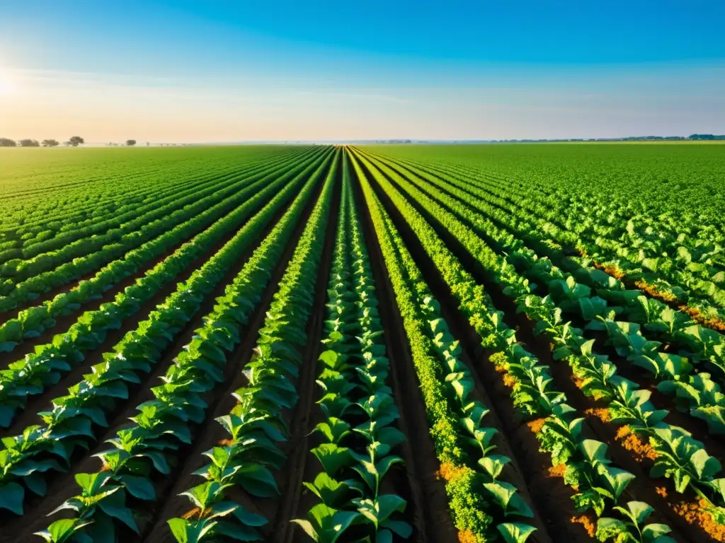 Un campo agrícola moderno con cultivos en varias etapas de crecimiento, bañado por la cálida luz del sol