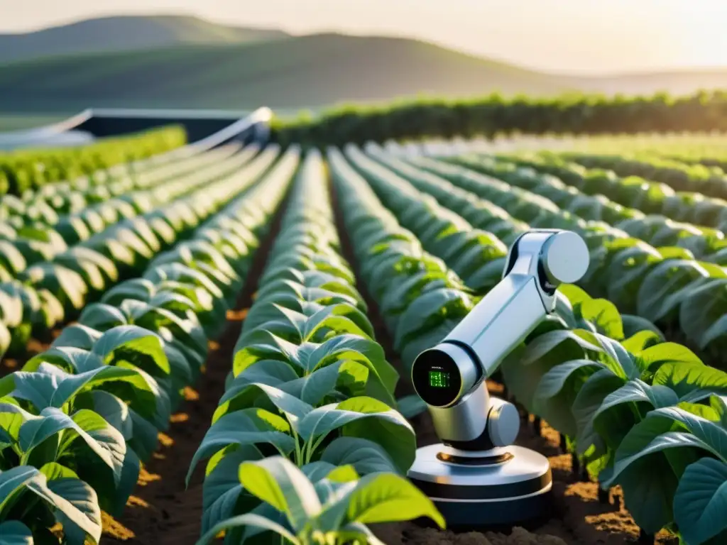 Un campo orgánico exuberante con filas de cultivos y un brazo robótico moderno cuidando las plantas