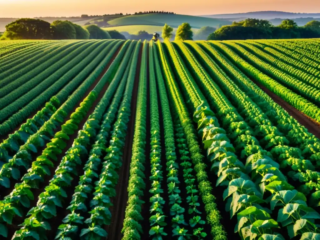 Un campo orgánico exuberante y vibrante se extiende con cultivos verdes, bañado por la luz dorada del atardecer