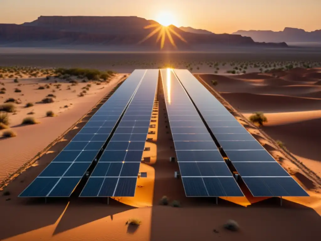 Un campo de paneles solares en el desierto al atardecer, reflejando la belleza de la automatización en producción de energía renovable