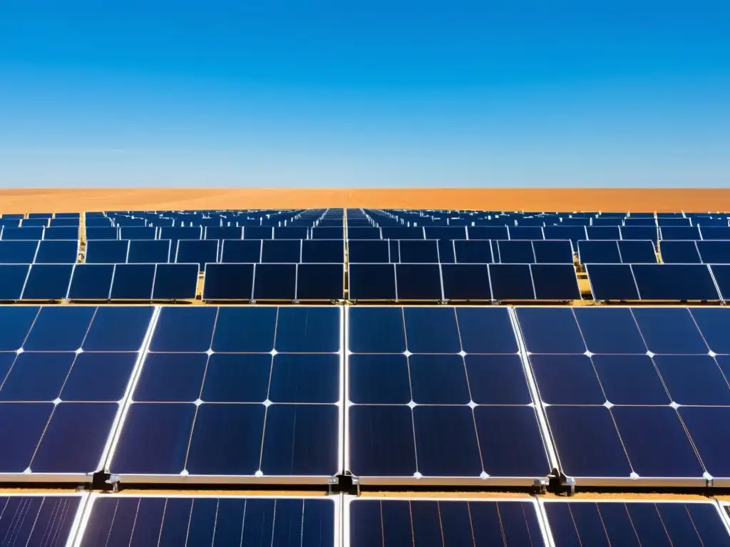 Un campo de paneles solares se extiende hacia el horizonte bajo un cielo azul claro, destacando la automatización en producción de energía renovable