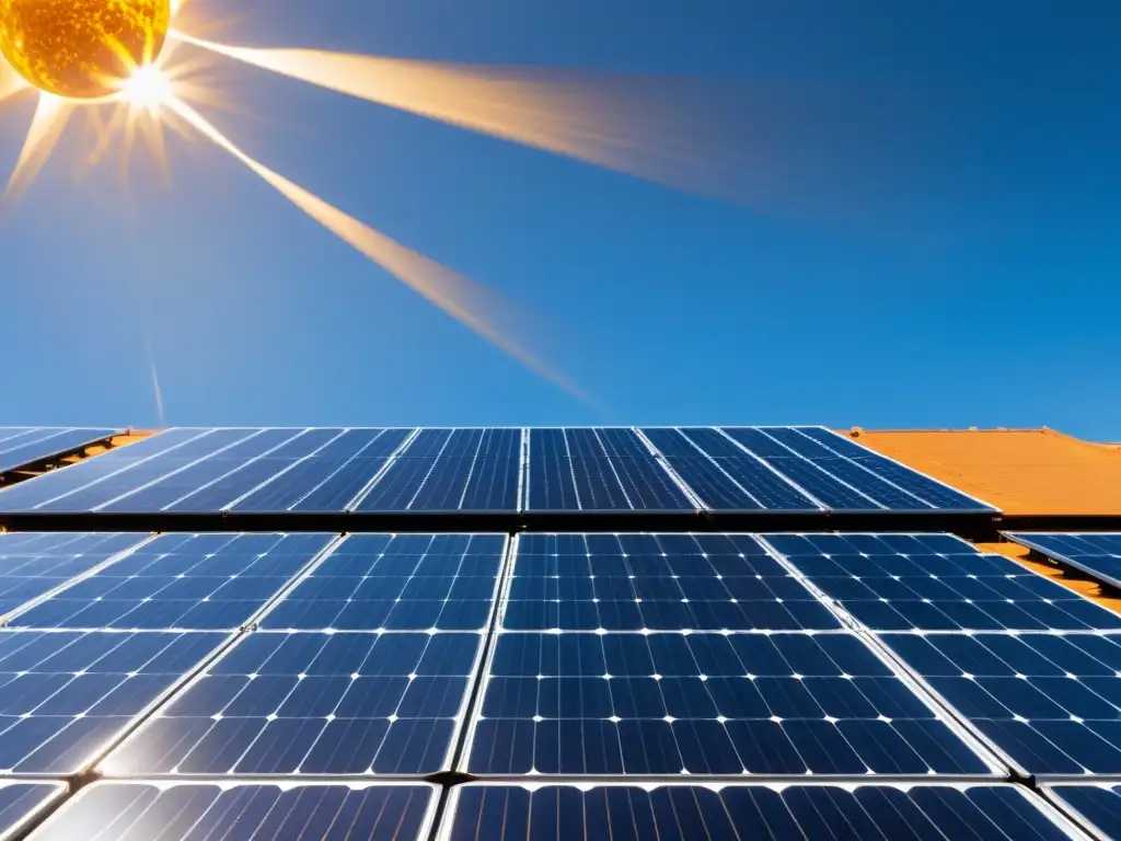 Un campo de paneles solares modernos bajo el cálido sol, transmitiendo energía renovable y tecnologías emergentes de Blockchain revolución energética