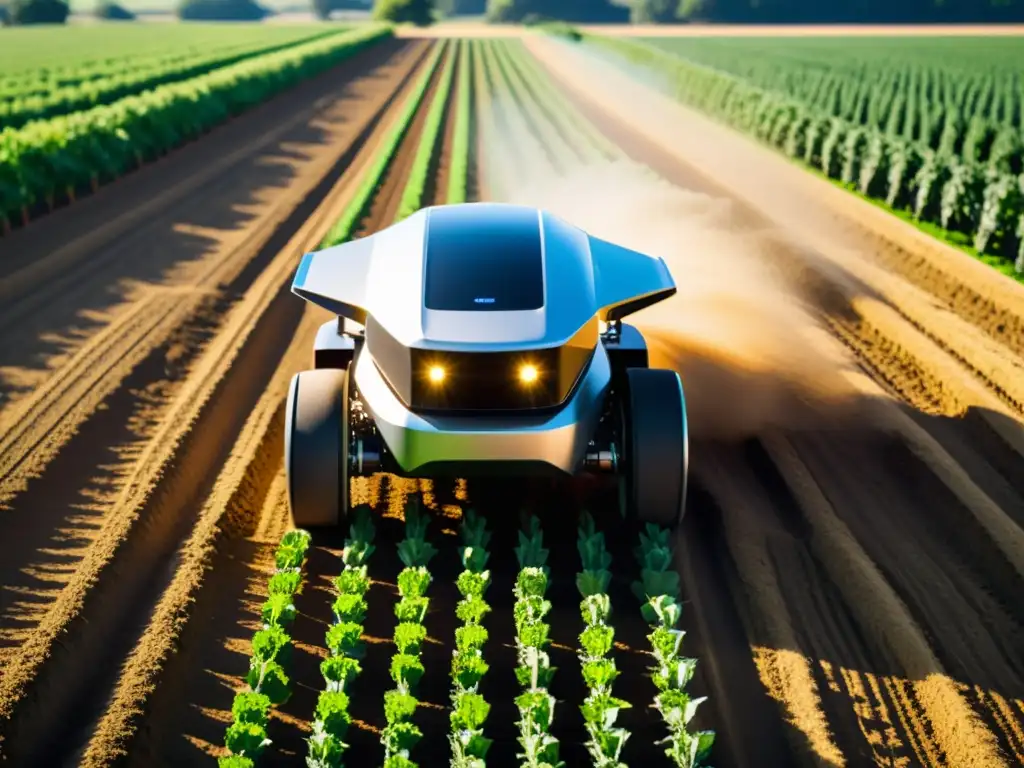 Un robot agrícola futurista recorre un campo soleado, mostrando avances en robótica agrícola y tecnologías emergentes