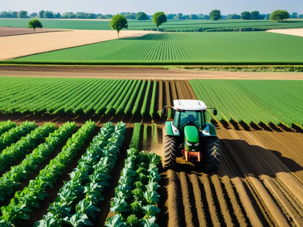 Campo agrícola soleado con cultivos verdes y tractor 5G, reflejando la transformación agricultura moderna con 5G