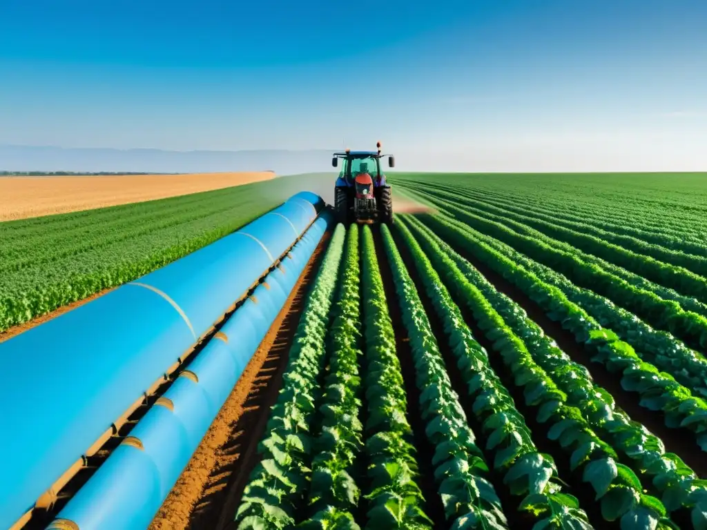 Campo soleado de cultivos verdes con tractor de agricultura de precisión, tecnología y sensores