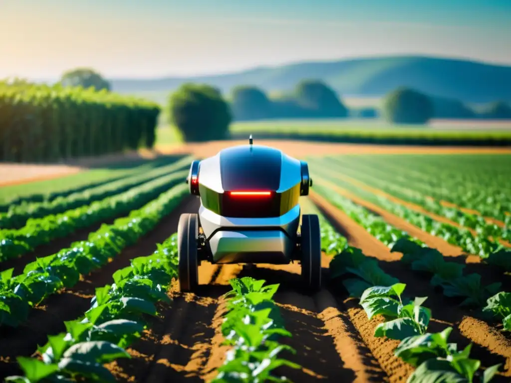 Robot agrícola de precisión en campo soleado, reflejando la moderna automatización en agricultura de precisión