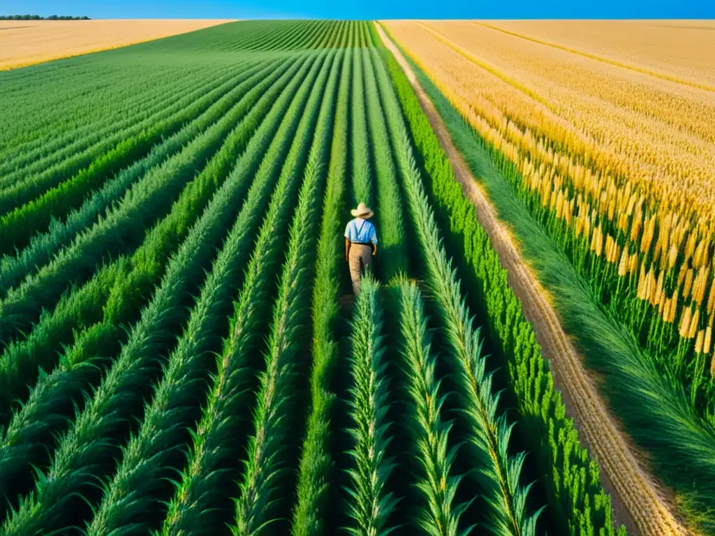 Un campo de trigo bañado por el sol se extiende hasta el horizonte, con tonos dorados y verdes