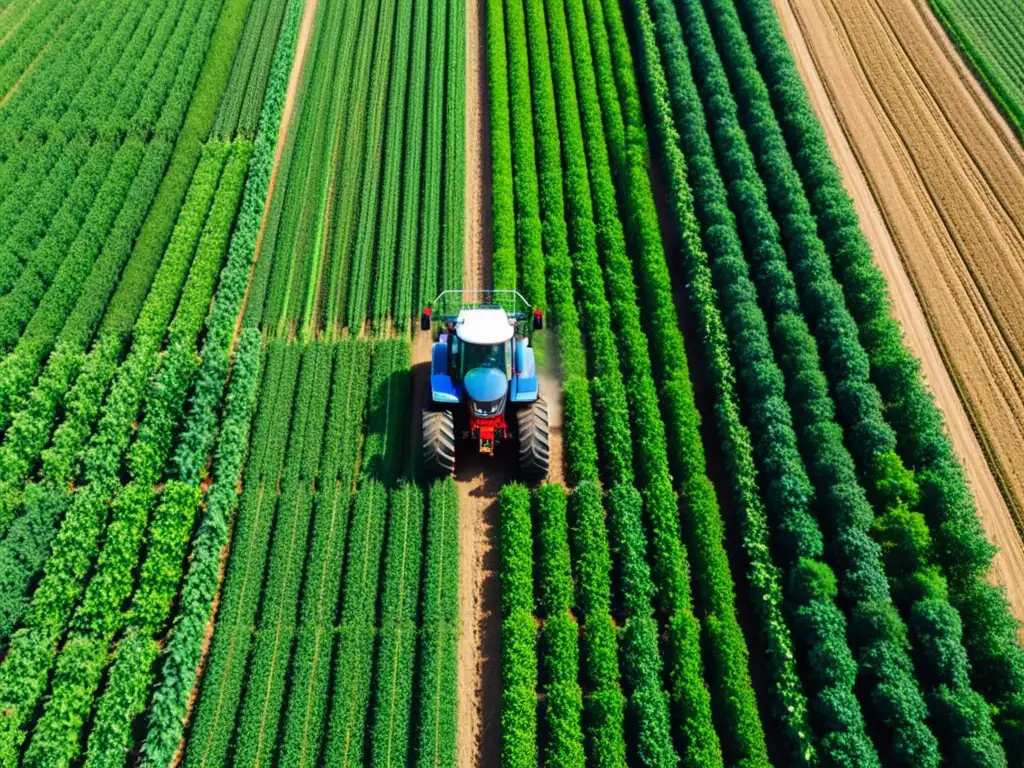 Un campo verde extenso con cultivos ordenados y un tractor moderno con IA, simbolizando la agricultura inteligente con IA