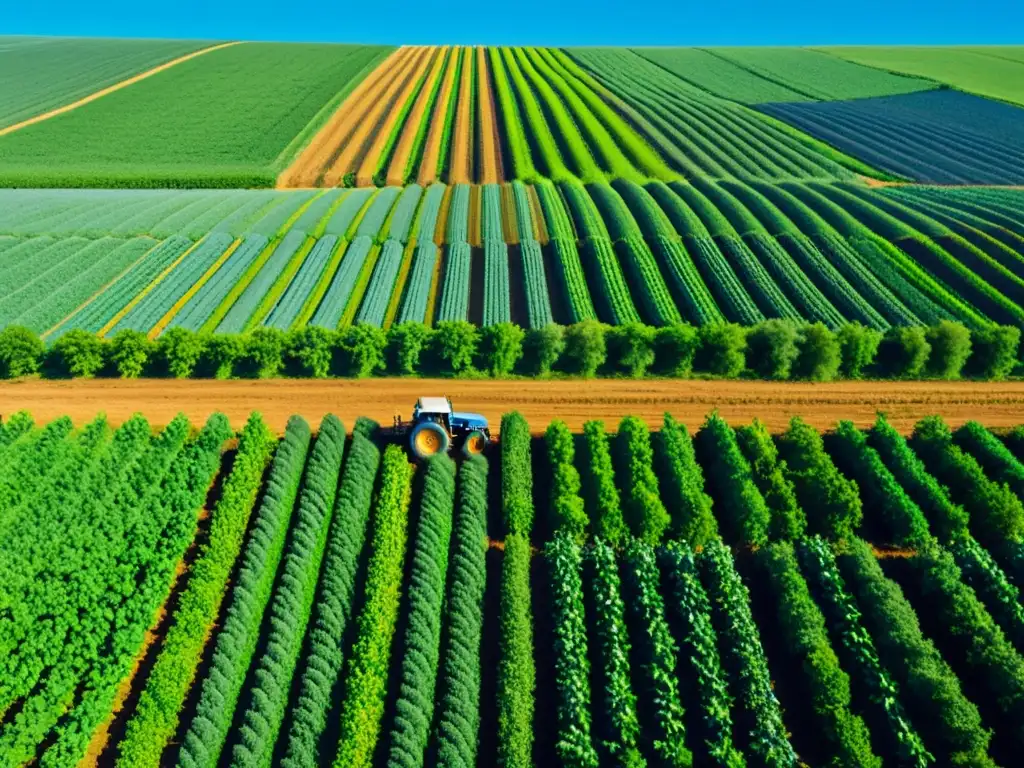 Campo agrícola verde exuberante con agricultores cuidando plantas