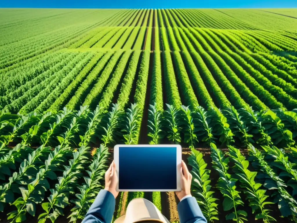 Campo agrícola verde exuberante bajo cielo azul, con filas de cultivos y un agricultor usando analítica de datos para agricultura en su tablet