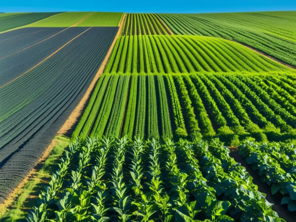 Campo verde exuberante bajo cielo azul despejado, filas de plantas vibrantes crean un paisaje armonioso