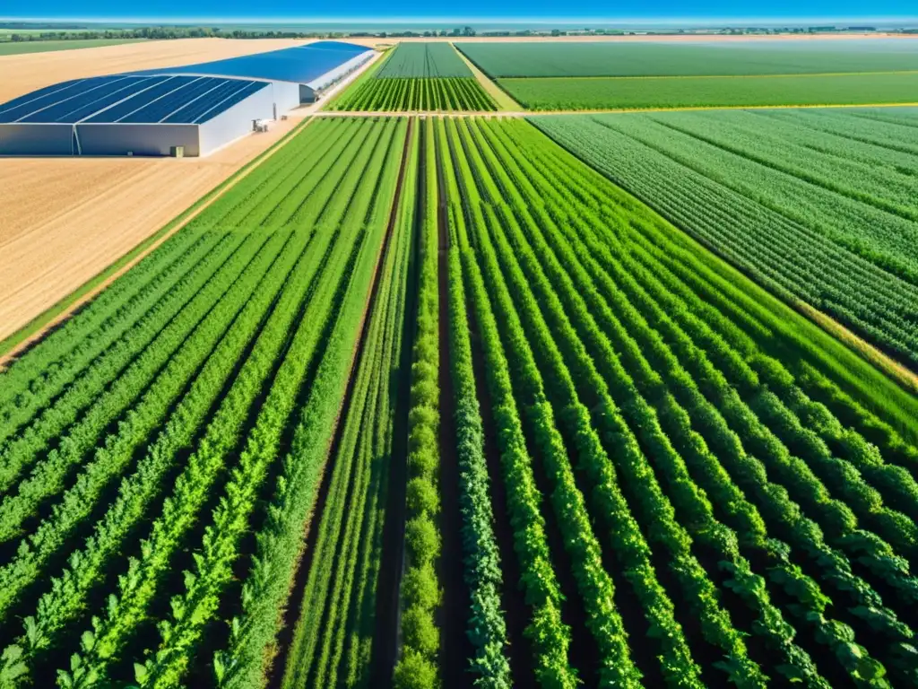 Campo agrícola verde exuberante con cultivos en filas ordenadas, cielo azul despejado y un moderno centro de datos